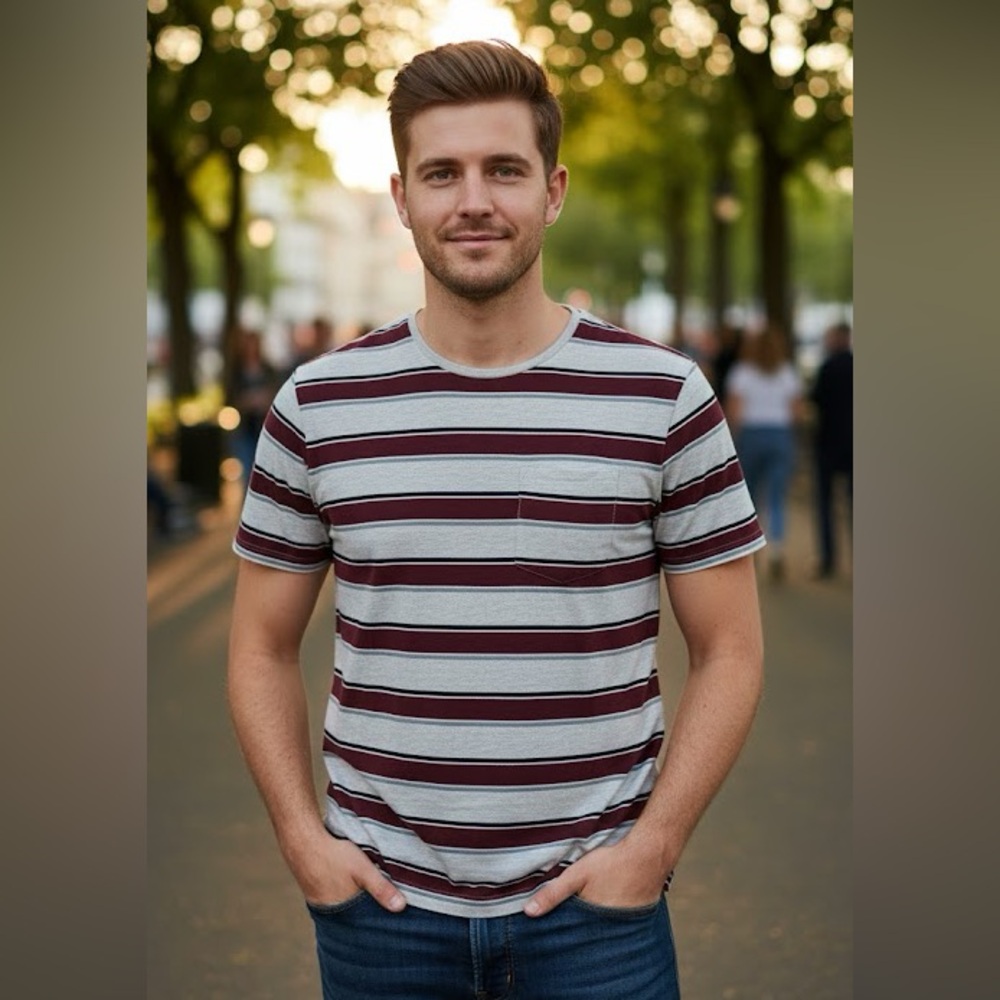 Men's Striped Gray and Maroon T-Shirt